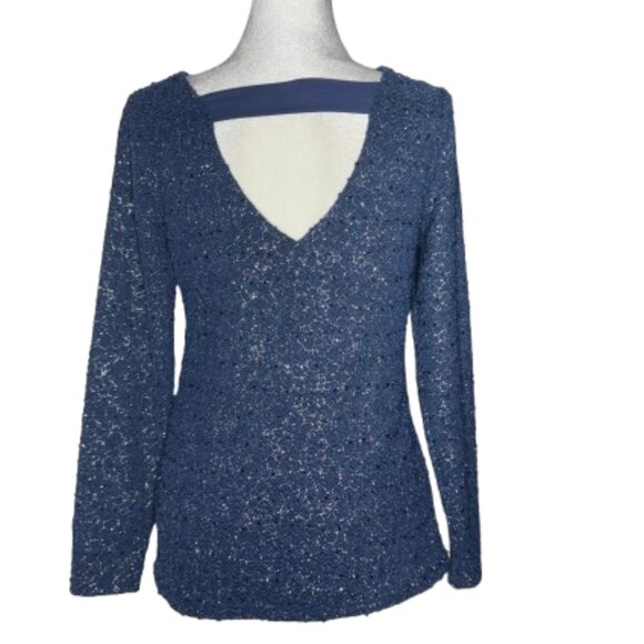 Jennifer Lopez Blue Metallic Sequin Open Back Long Sleeve Top Medium - Picture 2 of 7